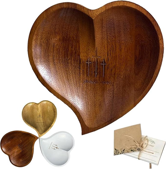 Heart Prayer Bowl Wooden with 24 Prayer Cards, Christian Congregation Religious Prayer Gifts (Retro colors)