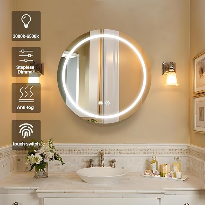 20inch Round Medicine Cabinet with Lights,Led Medicine Cabinet with Defogger,Illuminated Mirror Cabinet for Bathroom,Dimmable,Anti-Fog,3 Colors,Surface Mount Only,White