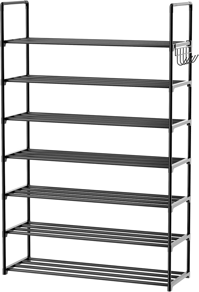 Metal Shoe Organizer,7 Tiers Shoe Storage Shoe Rack with Hooks,Fit 24-30 Pairs,Adjustable Shoe Shelf for Entryway,Hallway,Bedroom,Metal Bottom Support