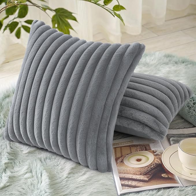 decorUhome Faux Fur Spring Throw Pillow Covers 26x26 Set of 2, Decorative Soft Plush Striped Neutral Couch Euro Sham Pillow Covers with Velvet Back for Sofa, Bed, Living Room Home, Grey