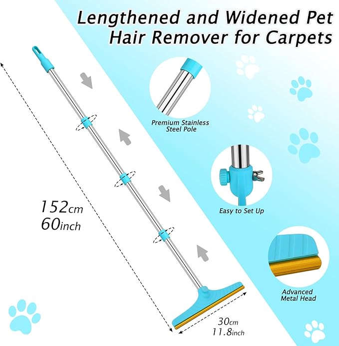 Carpet Rake for Pet Hair Removal - Reusable Pet Hair Remover, 60” Adjustable Long Handle Cat Dog Carpet Rake Scraper with Patented Design, Dog Hair Rake Brush for Rugs, Mats