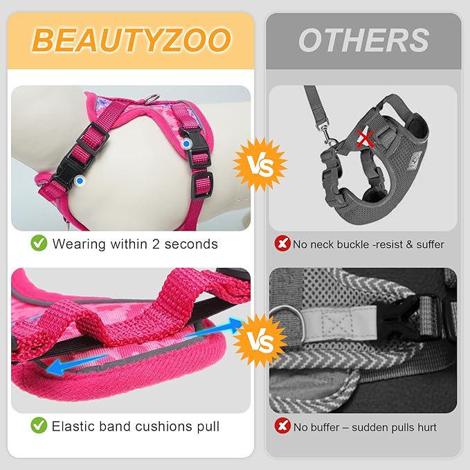 BEAUTYZOO Escape Proof Cat Harness and Leash for Walking, Soft Adjustable Cute Vest for Small to Large Cats, Reflective Breathable Easy-Control Outdoor Jacket, Kitten Harness and Leash Set, Rose, S