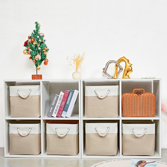 12 x 12 Inch Cube Storage Bins, 6 Pack Large Collapsible Fabric Storage Bin with Ropes, Foldable Storage Cubes for Home, Office,Closet, Clothes, Toys Organizer (White & Beige)