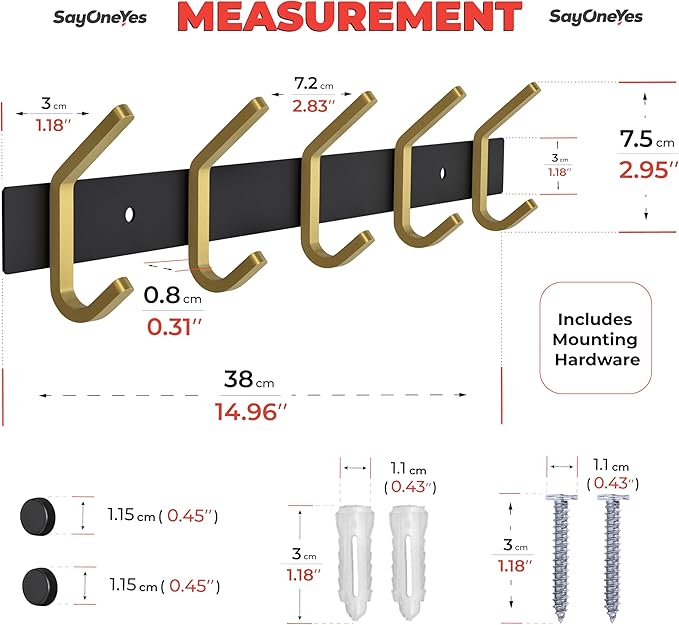 Coat Rack Wall Mount – Black and Gold Hook Rail with 5 Double Coat Hooks, 15 Inch Stainless Steel Wall Hooks for Entryway, Bathroom, Bedroom, Closet, Towel, Hat, Bag, Heavy Duty Organizer