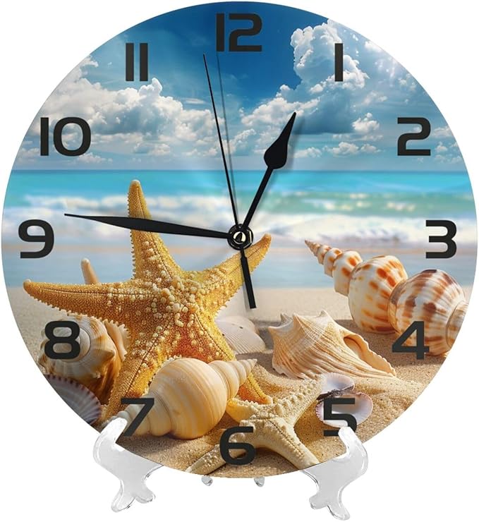 Starfish Seashells Beach Wall Clock 10 Inch Silent Non Ticking Wall Clocks Battery Operated Wall Decorative Clock for Bedroom Kitchen Office Classroom