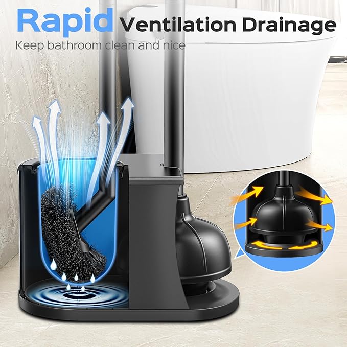 HAMITOR Toilet Plunger and Brush Set: 2 in 1 Stainless Steel Combo with Curved Bristles - Heavy Duty Toilet Unclogging for Family Bathroom - Compact Hideaway Apartment Cleaning Accessories - Black