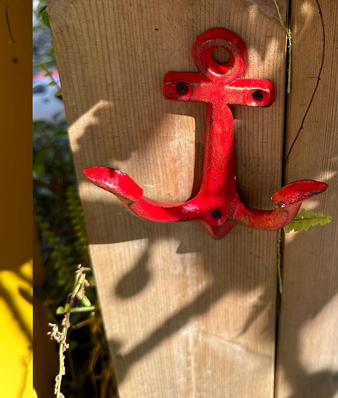 KiaoTime RED Vintage Rustic Cast Iron Nautical Anchor Design Wall Hooks Coat Hooks Rack, Decorative Wall Mounted Antique Shabby Chic Metal Home Bath Room Towel Coat Hooks Hanger