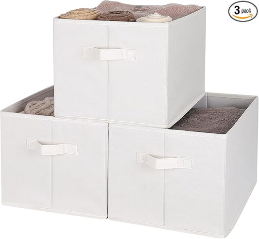 WUIKE 3 Pack Extra Large Fabric Storage Bins, Beige Foldable Closet Organizer Boxes for Clothes, Sheets and Blankets