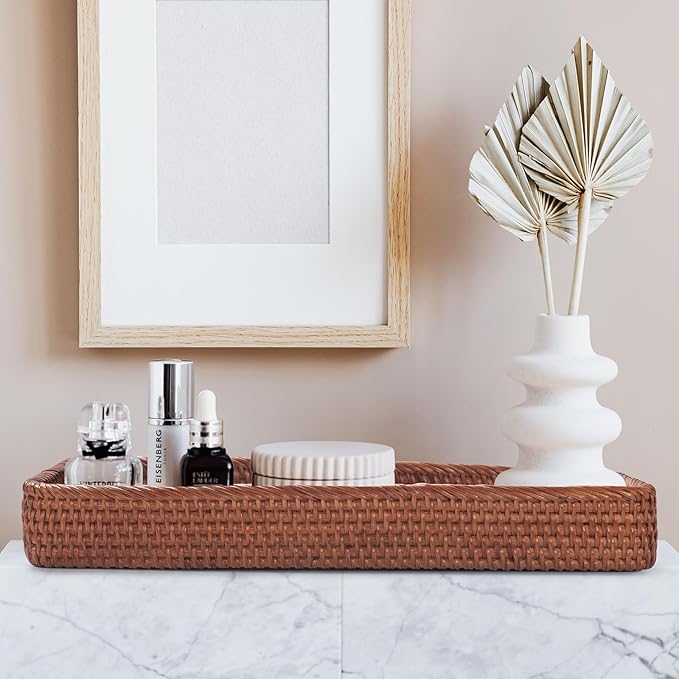 Rattan Bathroom Vanity Trays Toilet Tank Baskets Long Narrow Hand Towel Storage Basket for Storage, Decorative (Honey Brown 16.3 x 6.1 x 2 inch)