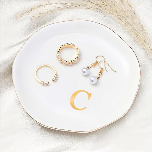 ProCase Ceramic Jewelry Tray, Initial Ring Dish Trinket Plate Engagement Gift, Small Personalized Monogram Ring Bowl for Wedding, White Decorative Jewelry Holder for Women Vanity -Letter C