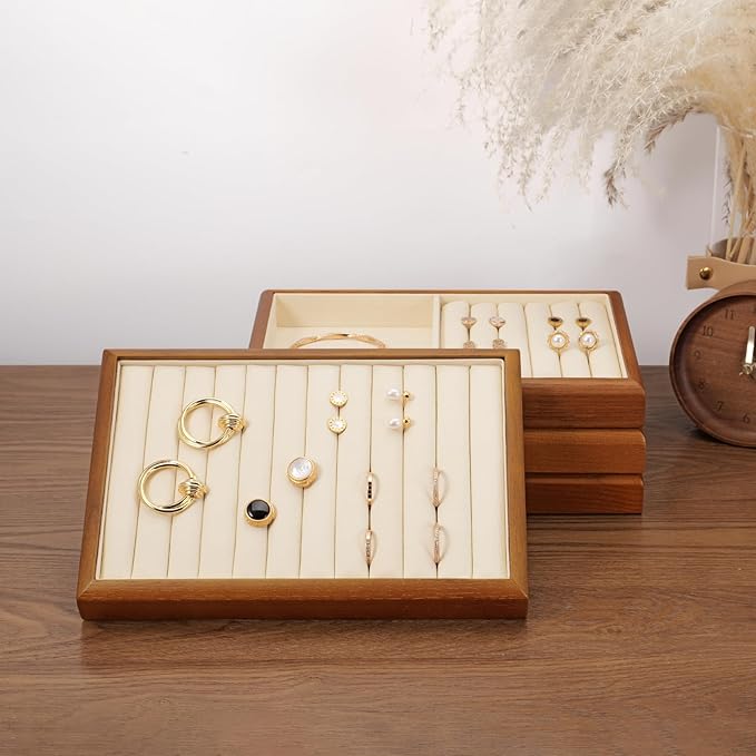 Oirlv Solid Wood 12 Grid Liner Pendant Jewelry Organizer Tray Jewelry Drawer Organizer(Creamy-White)