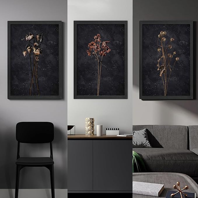 arfitest Vintage Flower Wall Art Dark Moody Wildflower Wall Decoration Minimalist Wildflower Frame Wall Decoration 16''x24'' Inch Set of 3 Black Photo Frames