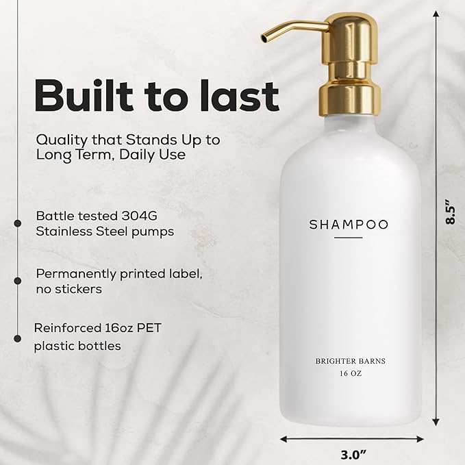 Luxury Shampoo and Conditioner Dispenser Set by Brighter Barns - Shower Soap Dispenser - Shampoo Conditioner Body Wash Dispenser & Pump - White and Gold Bathroom Accessories in Spa, Hotel, Gift (Gold)