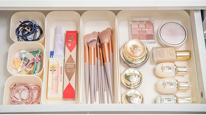 Backerysupply Set Of 12 Beige Color Plastic Desk Drawer Organizers For Makeup Bathroom Office Kitchen Vanity Drawer Storage Box Container