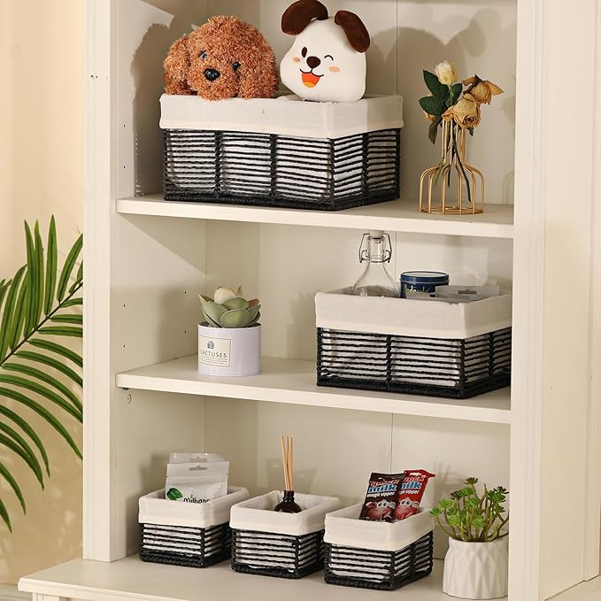 Vagusicc Wicker Storage Baskets, Hand-Woven Paper Rope Black Baskets for Storage, Rectangular Small Wicker Baskets for Organizing, Cube Storage Bins for Closet/Clothes/Dresser, Black, 5-Pack