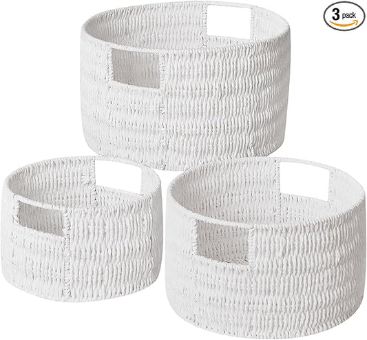 Vagusicc Wicker Storage Basket, Hand-Woven Paper Rope Large Round Woven Basket With Handles, Wicker Baskets for Organizing/Storage, White, 3-Pack