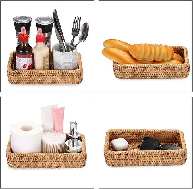Hipiwe Natural Rattan Tray Key Basket for Entryway Table Rectangle Wicker Basket Trays for Remote Trinket Decorative Rattan Storage Basket Home Decor,10"x 5.9"x 2.2"