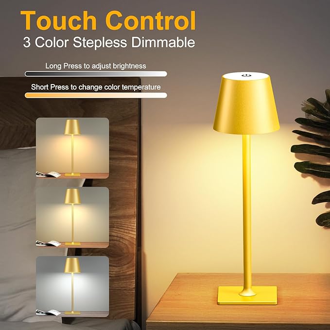 2 Pack Gold Rechargeable Table Lamps,Cordless Lamp with 6000mAh Battery Operated,Wireless Lamp for Restaurant Home Dinner Dining Kitchen Outdoor Patio,Waterproof & Portable