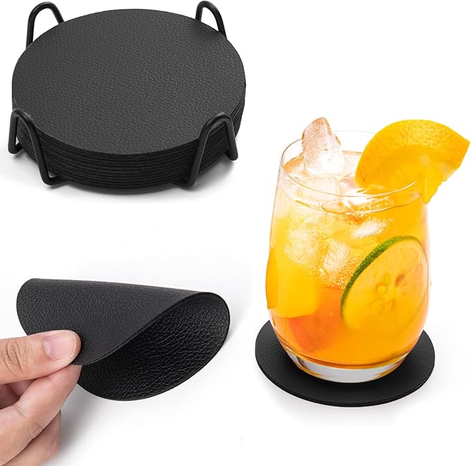 Drink Coasters With Holder - Faux Leather Set of 12, Dual Sided for Coffee Tabletop Protection, Non-Slip Washable Cups (Black)