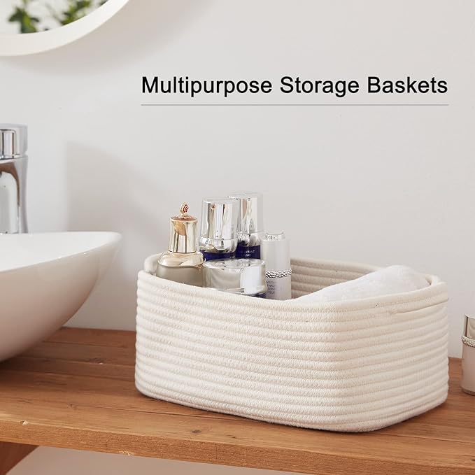 OIAHOMY Cotton Rope Storage Baskets | Decorative Storage Basket for Closet Storage, Home Organizing Bins and Nursery Decor | Cotton Rope Woven Baskets for Storage Shelf, Pure and White