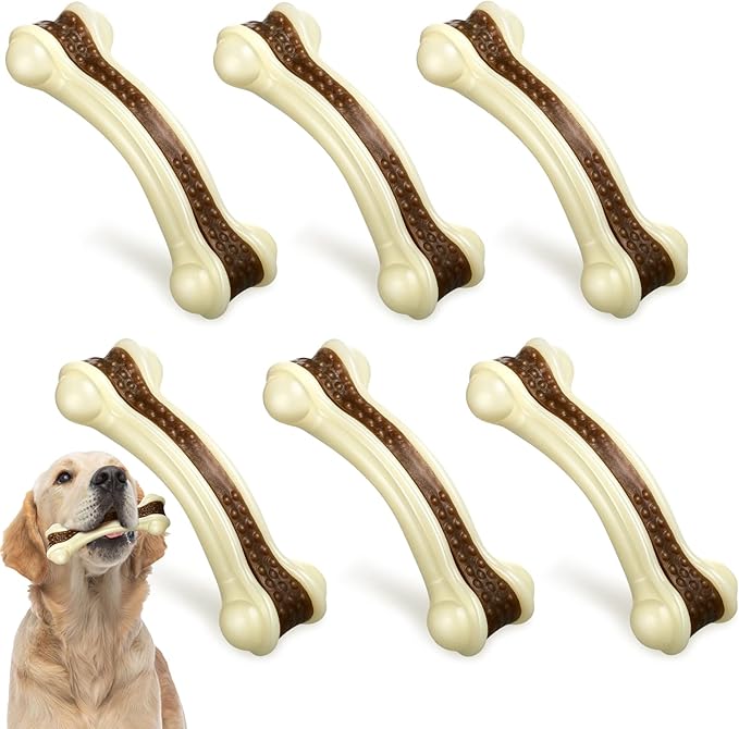 Sosation 6 Pcs Dog Toys for Aggressive Chewers Christmas Nylon Beef Flavor Bones Tough Puppy Teething Toys Puppy Chew Bones for Large Medium Small Breed Dogs Puppies(Medium)