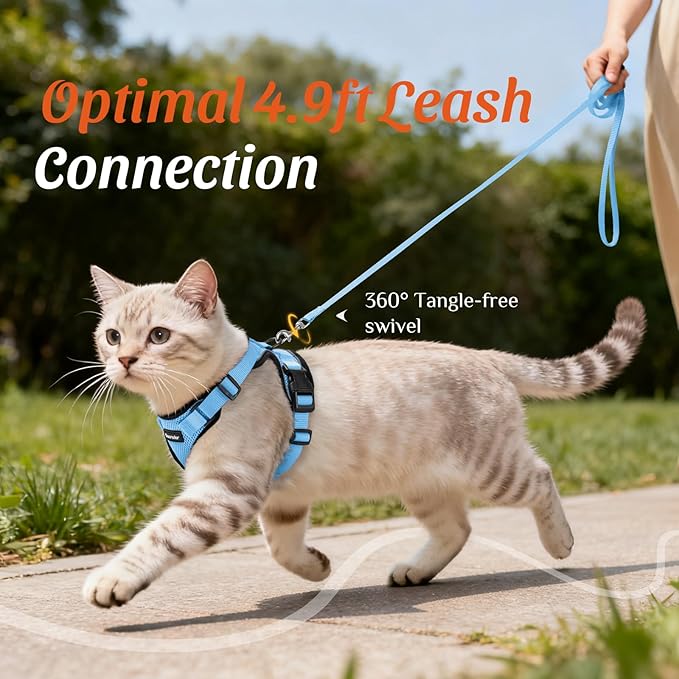 Dooradar Cat Harness and Leash Set, Escape Proof Safe Adjustable Kitten Vest Harnesses for Walking, Easy Control Soft Breathable Mesh Jacket with Reflective Strips for Cats, Light Blue, M