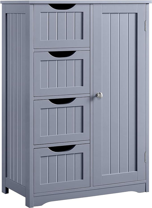 Yaheetech Large Bathroom Floor Cabinet with 4 Dawers and Single Door Cabinet, Freestanding Storage Cabinet for Living Room Kitchen Hallway, Gray