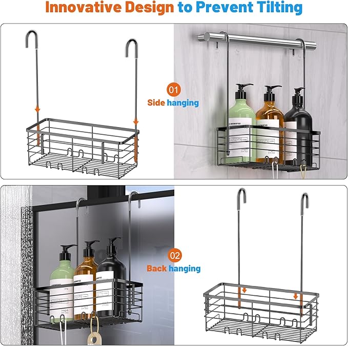 YUOROS Hanging Shower Caddy, Over the Door Shower Organizer Rack 304 Stainless Steel Rustproof (Black)