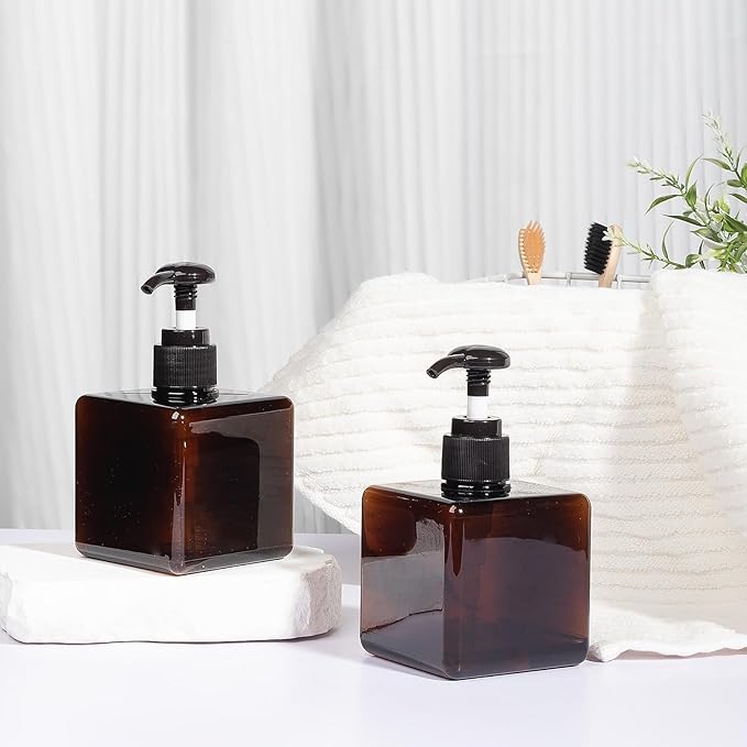 Pump Bottle, Refillable Plastic Empty Lotion Soap Dispenser Liquid Container for Bathroom Shampoo and Body Wash, 8.5oz/250ml Amber 2 Pack