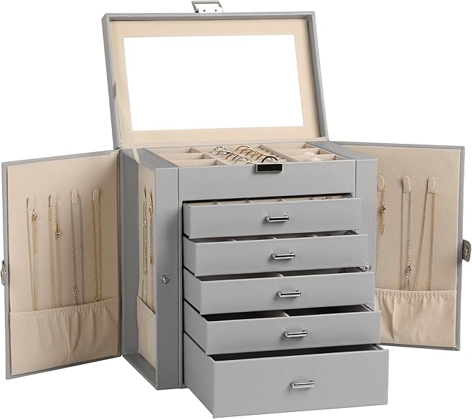 Frebeauty Large Jewelry Box,6-Tier PU Leather Jewelry Organizer,Multi-functional Storage Case with Mirror,Accessories Holder with 5 Drawers for Necklace Bracelets Watches(Grey)