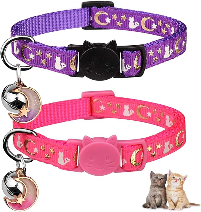 2PCS Breakaway Cat Collars with Bell Cute Kitty Glow in The Dark Adjustable Kitten Collars 7.9-13.0 Inch(Purple&Pink)