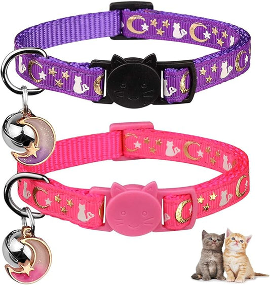 Baeuppit 2PCS Breakaway Cat Collars with Bell Moons Stars Cute Kitty Adjustable Safe Kitten Collars with Pendant Glow in The Dark(Purple&Pink)