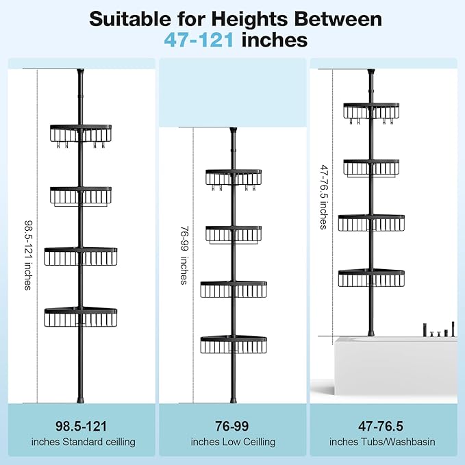 Corner Shower Caddy Tension Pole: Adjustable Rustproof 4-Tier Inside Bathroom Organizer - 47-121 inch Quick Installation Bathtub Shelves for Shampoo Storage - Rod Floor Standing Bath Rack - Black