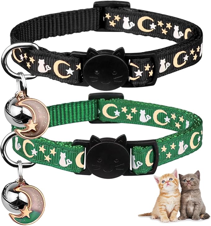 Baeuppit 2PCS Breakaway Cat Collars with Bell Cute Kitty Glow in The Dark Adjustable Kitten Collars(Deep Green&Black)