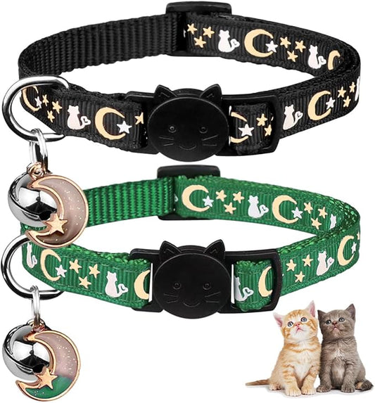 2PCS Breakaway Cat Collars with Bell Cute Kitty Glow in The Dark Adjustable Kitten Collars 7.9-13.0 Inch(Deep Green&Black)