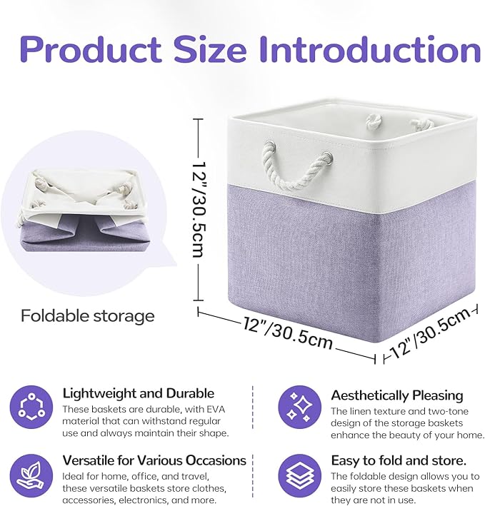 12 x 12 Inch Cube Storage Bins, 4 Pack Fabric Storage Basket with Handles, Foldable Boxes Organizer for Shelf Baskets for Home, Clothes, Toys (White/Purple)