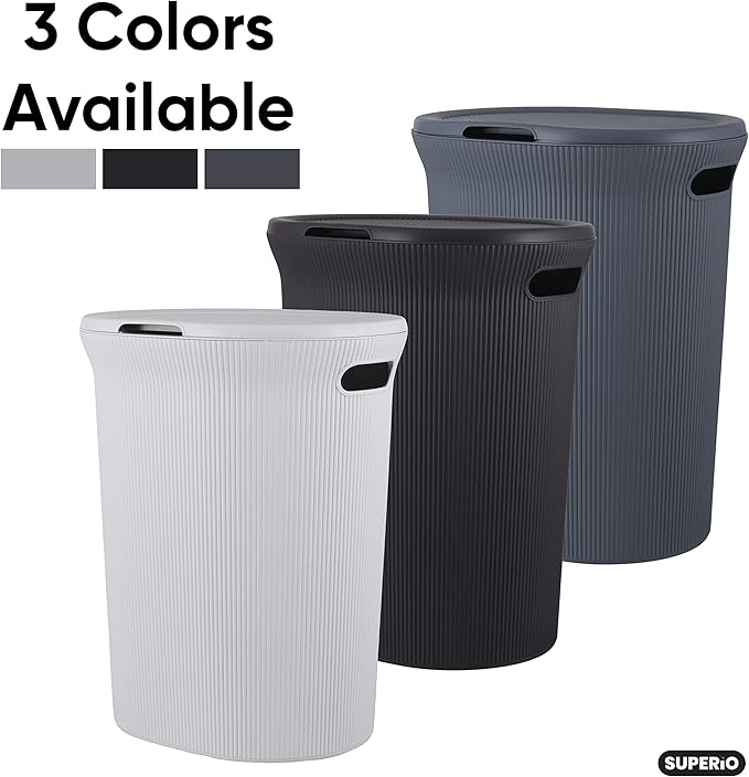Superio Ribbed Collection - Decorative Plastic Laundry Basket & Laundry Hamper with Lid and Cut-Out Handles, Grey (Set of 2) Organzier for Bedroom Bathroom College Dorm Room