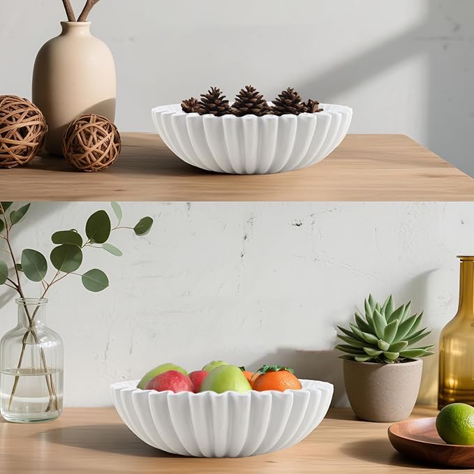Large Modern Decorative Ruffle Bowl for Home Decor Fruit Bowl Organic Catch All Key Kitchen Entryway Shelf Coffee Table,White