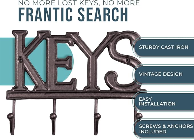 Comfify Key Holder for Wall - Cast Iron Decorative Farmhouse Rustic Wall Mount Key Organizer - 4 Key Hooks - Vintage Key Rack for Entryway with Screws and Anchors – 6x8” - Rust Brown