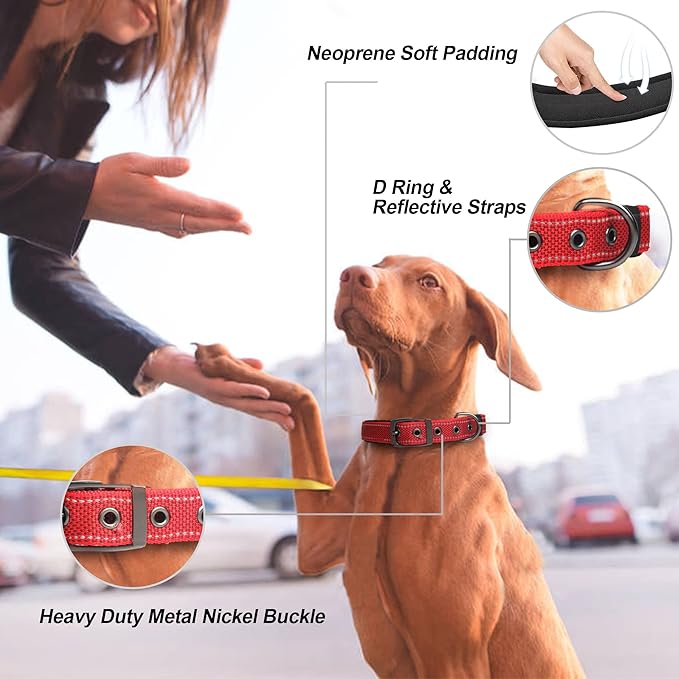 PetiFine Dog Collar for Large Dogs, Neoprene Padded and Adjustable, Reflective Wide Heavy Duty Pet Collars with Durable Metal Belt Buckle for Walking, Red, L