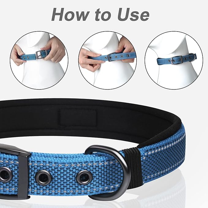 PetiFine Dog Collar for Large Dogs, Neoprene Padded and Adjustable, Reflective Wide Heavy Duty Pet Collars with Durable Metal Belt Buckle for Walking, Blue, XL