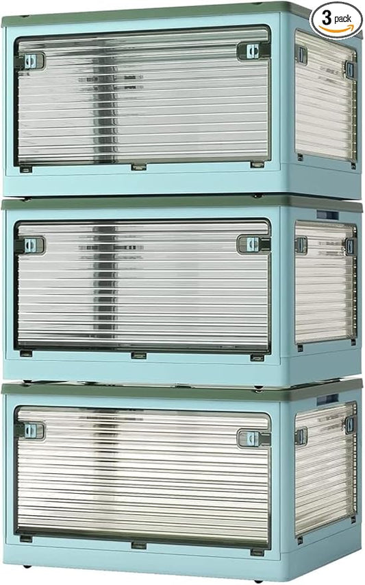 3 PACK Stackable Storage Bins, 83 Liters Closet Organizers with 3 Lids, Wheels, Drawers, Foldable Collapsible Box for Clothes and Camping Out Doors Bins, Blue