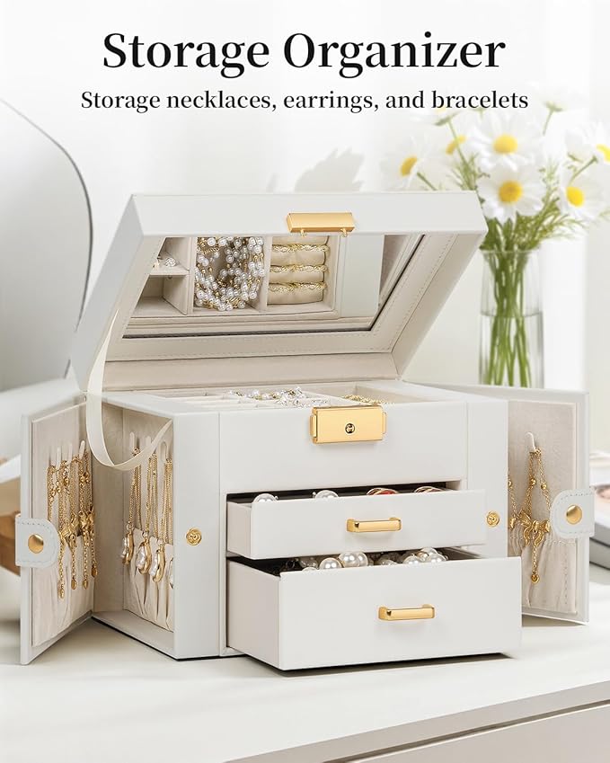 TORIBIO Jewelry Box for Women, Leather Jewelry Organizer with Mirror & Lock, 3-Tier Jewelry Storage Organizer with 2 Drawers for Girls/Women/Mothers, Necklace Earring Bracelets Holder Organizer
