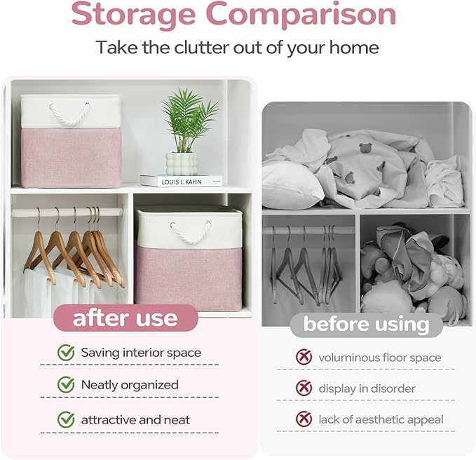 13 x 13 Inch Cube Storage Bins, 6 Pack Fabric Storage Basket with Handles, Foldable Boxes Organizer for Shelf Baskets for Home, Clothes, Toys (White/Pink)