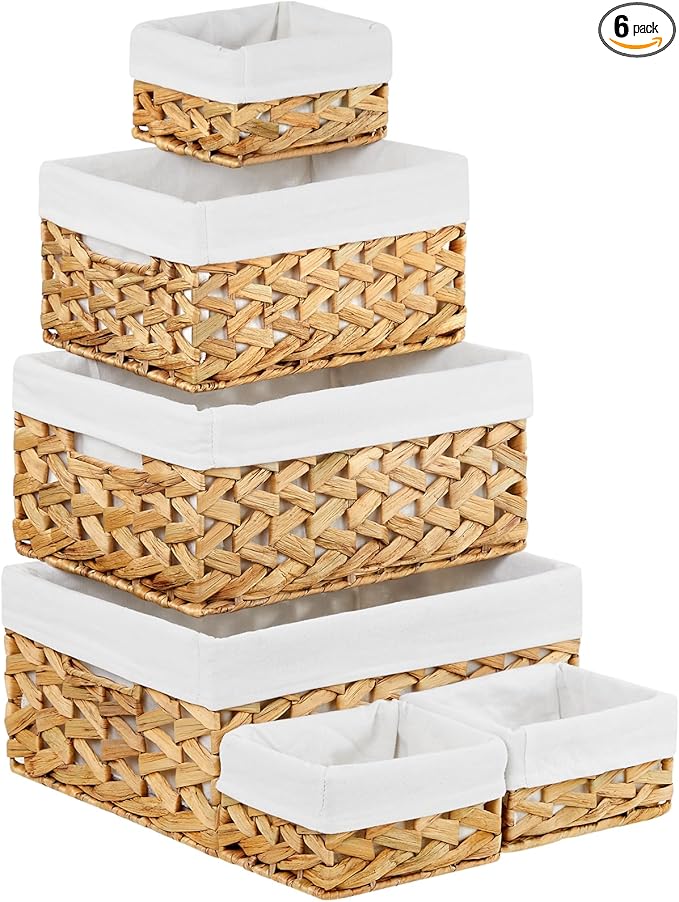 Vagusicc Wicker Storage Basket, 6 Pack Baskets for Organizing, Water Hyacinth Storage Basket, Rectangular Wicker Baskets for Storage Shelves, Cube Storage Bins For Closet/Clothes/Dresser