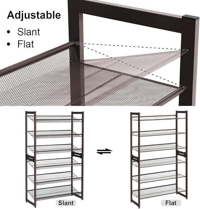 SONGMICS Shoe Rack, 6-Tier Shoe Organizer, Metal Rack for Garage, Set of 2, 3-Tier Stackable Shelf, with Adjustable Flat or Angled Shelves, 18-24 Pairs, Bronze ULMR03A-2