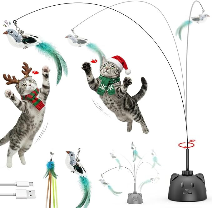 Interactive Cat Toys for Indoor Cats: Upgraded 360° Automatic Spin Flying Bird Feather Wand with Silicone Protected Rod Safe Play, Strong 8cm Suction Cup, USB-Rechargeable for Bored Kittens and Adult