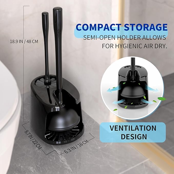 MR.SIGA Toilet Plunger and Bowl Brush with Holder, Heavy Duty Toilet Brush and Plunger Set for Bathroom Cleaning, Black, 1 Set