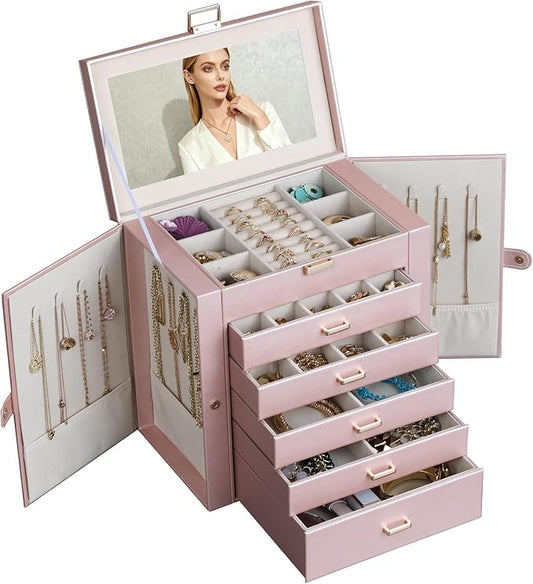 BOOVO Jewelry Box For women, 6 Layer Large Jewelry Organizer With Mirror, Multi-Function Storage Box With Lock, Necklace Holder With 5 Drawers, For Earrings Necklace Bracelet (Rose Gold and Gold)