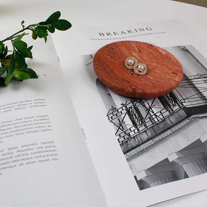 𝟏𝟎𝟎% Round Marble Ring Dish, Stone Jewelry Holder,Trinket Dish Tray Ring Holder, Nightstand Decor,Sponge Holder for Bathroom Kitchen Sink (Red Travertine)